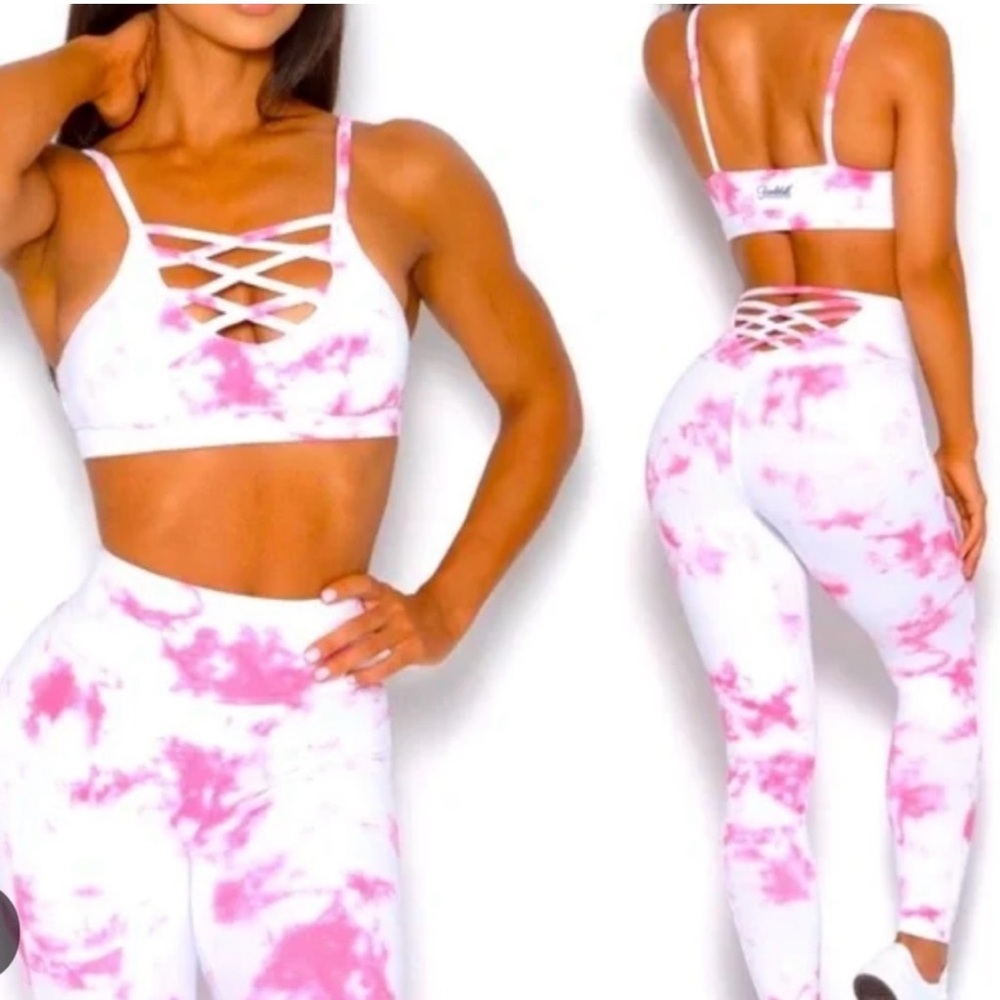 Bombshell Sportswear Pink/White Tie-Dye Sexy Back Leggings & Cross My Heart Bra